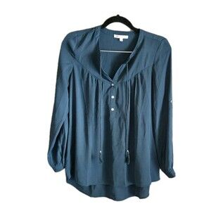 Boho Teal Tunic S Flowy Peasant Blouse Tassel Tie Neck Vacation Resort Beach Top